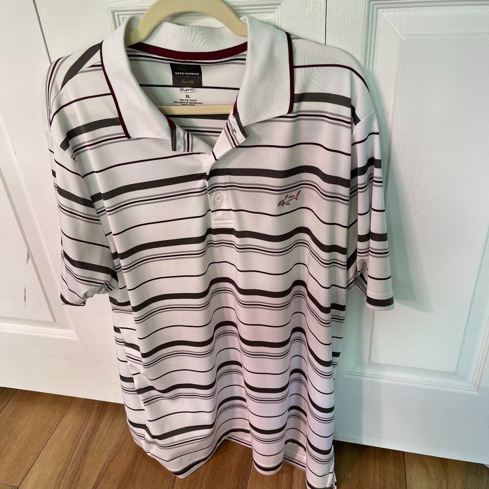 Greg Norman Golf Polo Shirt Men’s XL White with Gray Stripes Short Sleeve